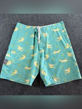 AFTCO American Fishing Tackle Company Swim Shorts Size 36 Blue Yellow Marlin